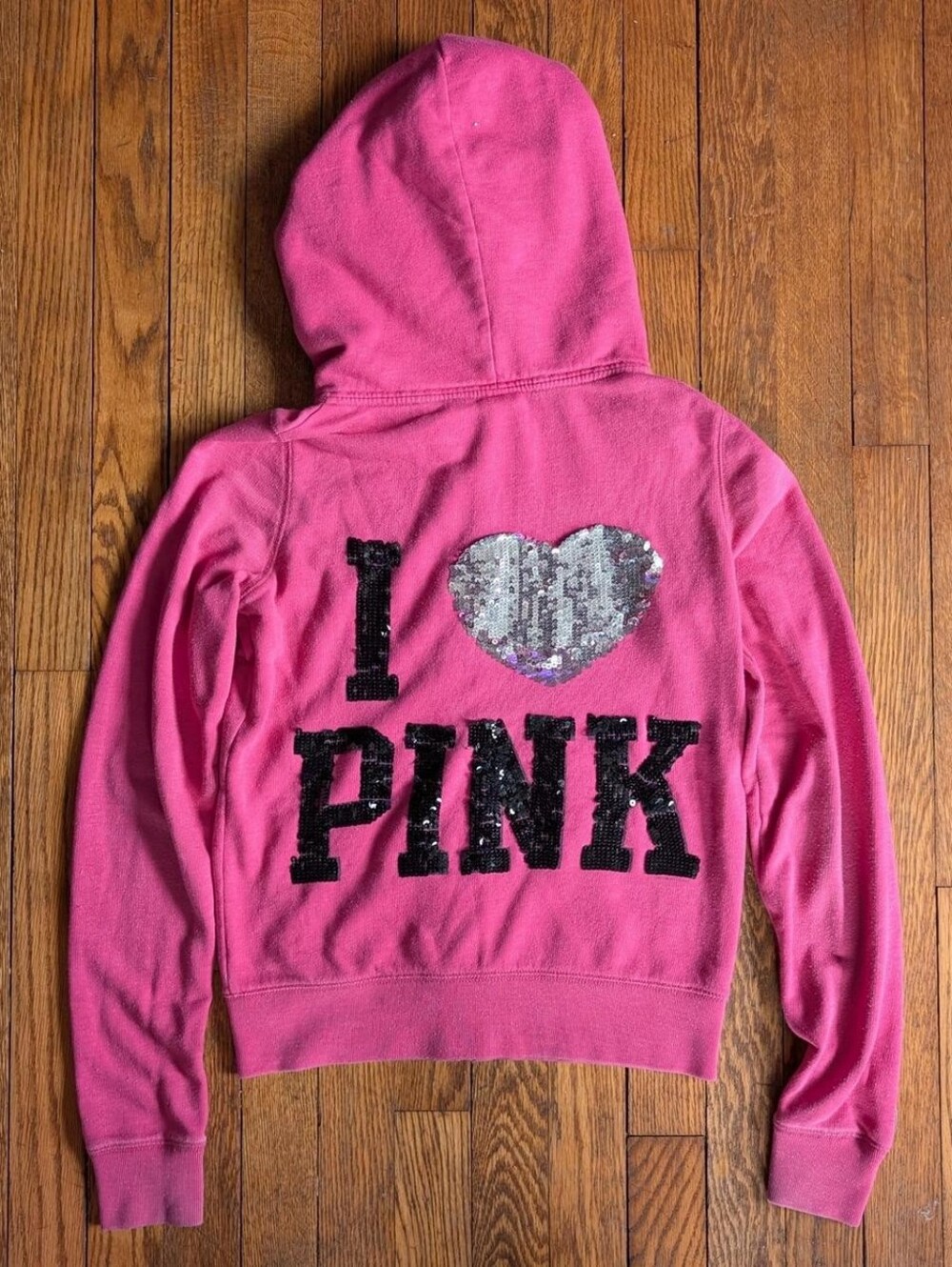Vintage 2010 Victoria's Secret I Love Pink Pink Sequins Hoodie Sweatshirt
